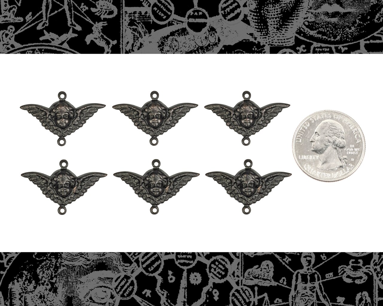 Black Plated Brass Cherub Two Ring Connectors - Set of Six - XXX - BB-2C21